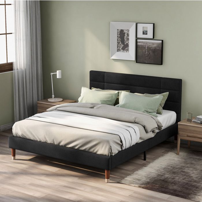 ULEVR lit double rembourré 140 x 200 cm noir avec tête de lit sommier à lattes et matelas 7 zones 20 cm