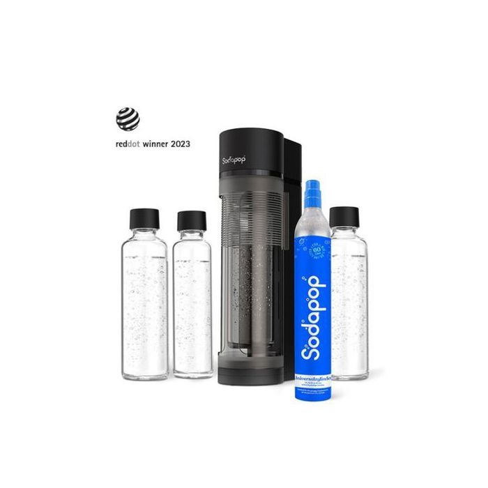 Gazéificateur d’eau Sodapop Logan avec cylindre CO₂ et 3 bouteilles (2 en verre 850/600 ml + 1 PET sans BPA 850 ml) noir mat