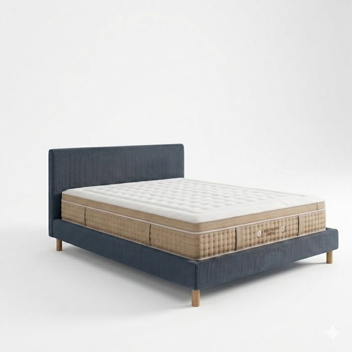 Ensemble lit - SAMPUR - Bleu nuit - 180x200 - Velours côtelé - Matelas hôtelier 33 cm mémoire de forme