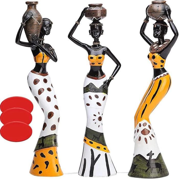 Lot de 3 sculptures africaines avec ruban adhésif figurines de femmes statues décoratives pour la maison et le salon.