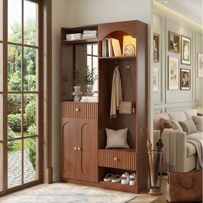 Meuble dEntrée - 100x35x180cm - LED Bluetooth - Miroir & Patères - Multi-Rangements - MDF Couleur Noyer Poignées Fer