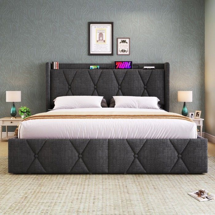 Lit double rembourré gris 160x200 tête lit USB cadre coffre 4 tiroirs sommier lattes bois sans matelas