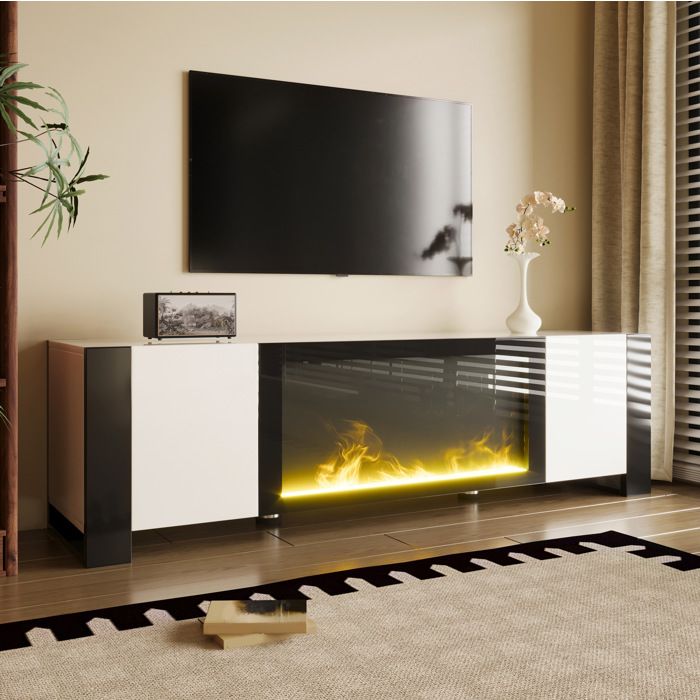 COVREO Meuble TV avec cheminée électrique effet flamme 165 cm blanc et noir 2 portes brillant
