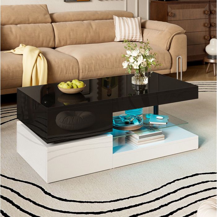 Table basse LED 90 x 45 x 35 5 cm noir et blanc avec contrôle par application et Bluetooth étagère en verre