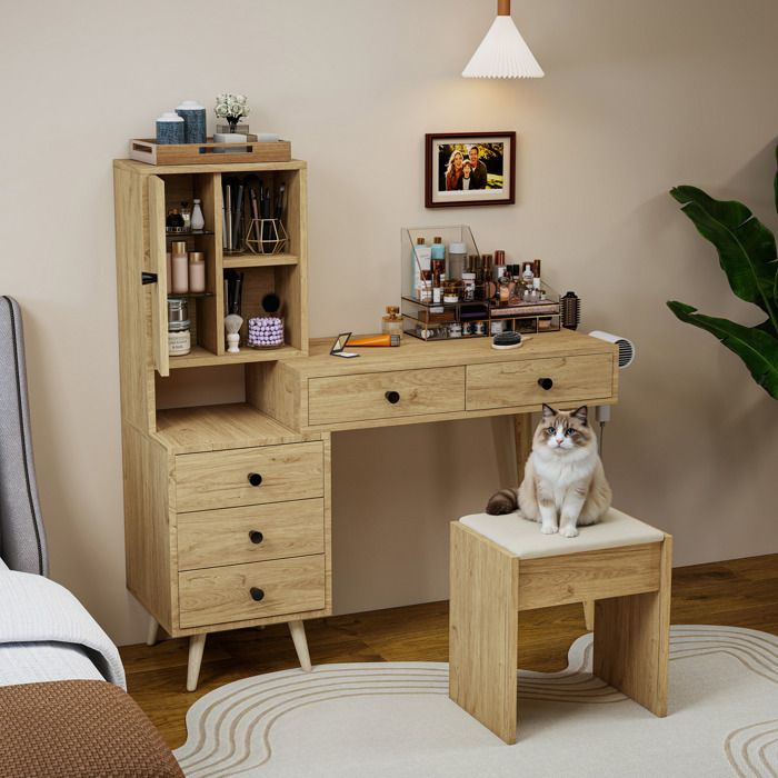 Coiffeuse moderne avec miroir escamotable 5 tiroirs meuble latéral et tabouret beige aspect bois naturel