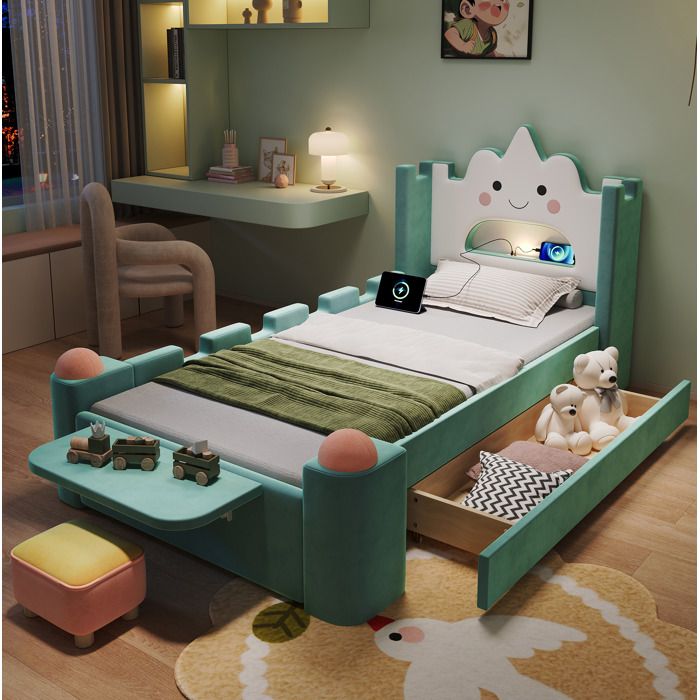 Lit enfant 90 x 200 cm en velours tête de lit nuage LED et port USB tiroir de rangement tablette rabattable bleu vert