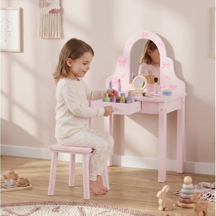 WUVRIE Coiffeuse enfant 2 en 1 avec miroir amovible tiroir et tabouret rose et blanc