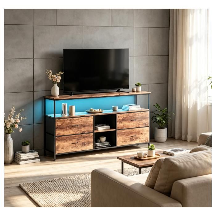 Commode avec éclairage LED 4 tiroirs de rangement meuble TV pour chambre salon et entrée 108 x 30 x 78 cm couleur tigrée