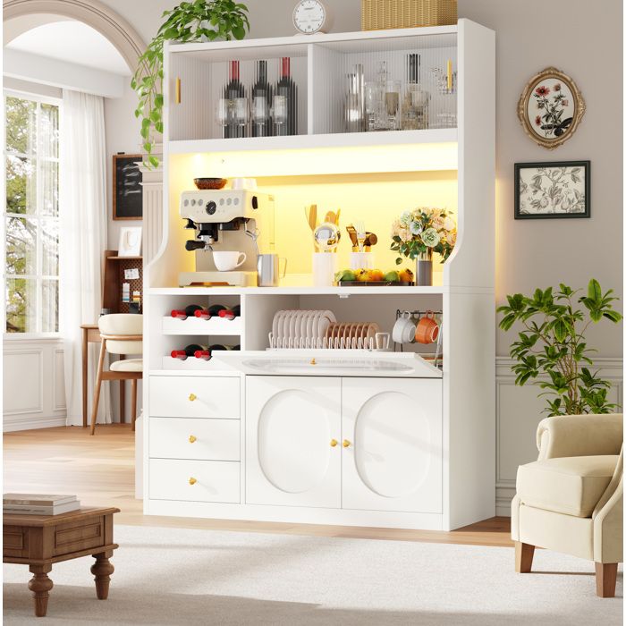 Meuble rangement cuisine 120x40x180 cm avec LED RGB portes coulissantes vitrées 3 tiroirs blanc ORVRYN
