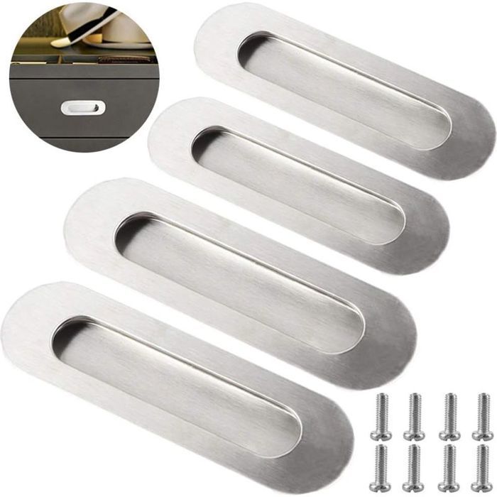 Poignée meuble encastrée ovale inox brossé lot 4 antirouille portes coulissantes tiroirs vis incluses