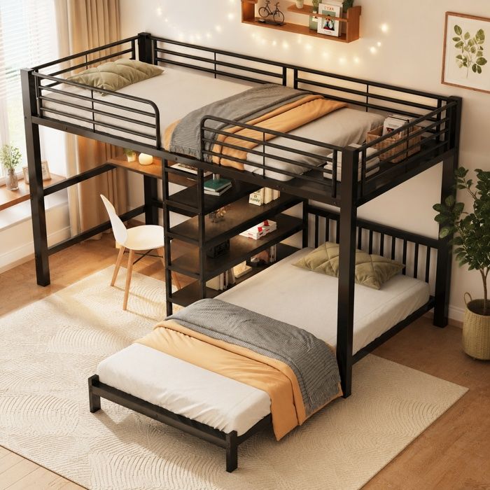 Lit Superposé Noir 90x200cm avec Bureau Rangement Escalier USB EN747 Tête 2 Couchages et 240kg - MDF et métal - Enfant Ado
