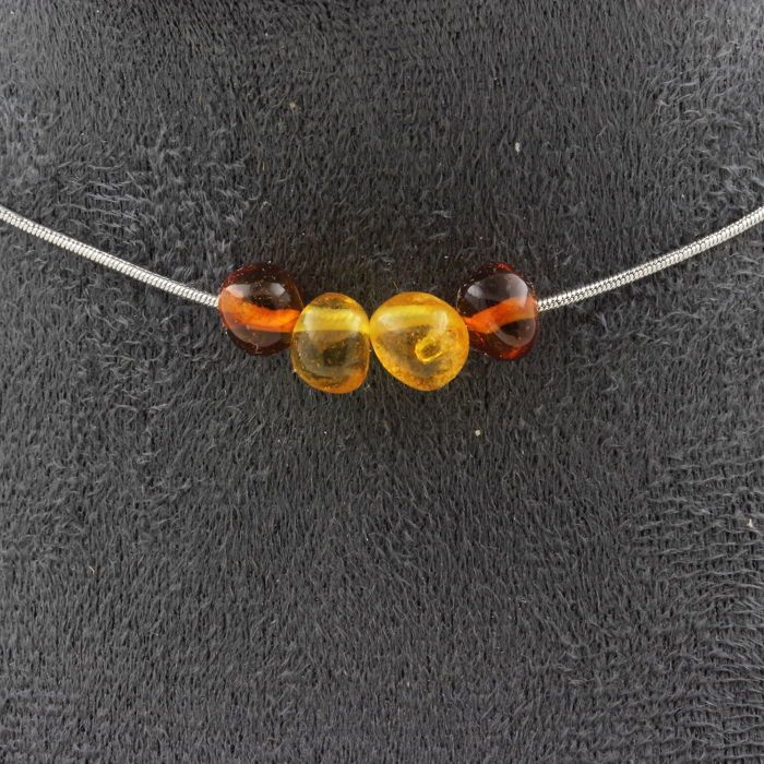 Collier perles bois 8 mm + Ambre véritable de la mer Baltique Chaine en acier i