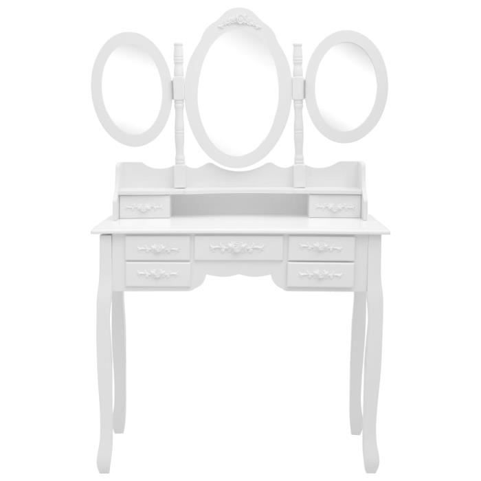 yaj - coiffeuse avec tabouret et miroir pliable en 3 blanc 90 x 40 x 146 cm bois de paulownia, mdf, verre et éponge dxyh3182
