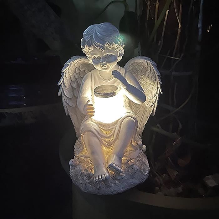 Statuette Ange Fée avec Lumière Solaire - Jardin Résine Figurine Ornament Décoration - 14.5x15.5x20cm