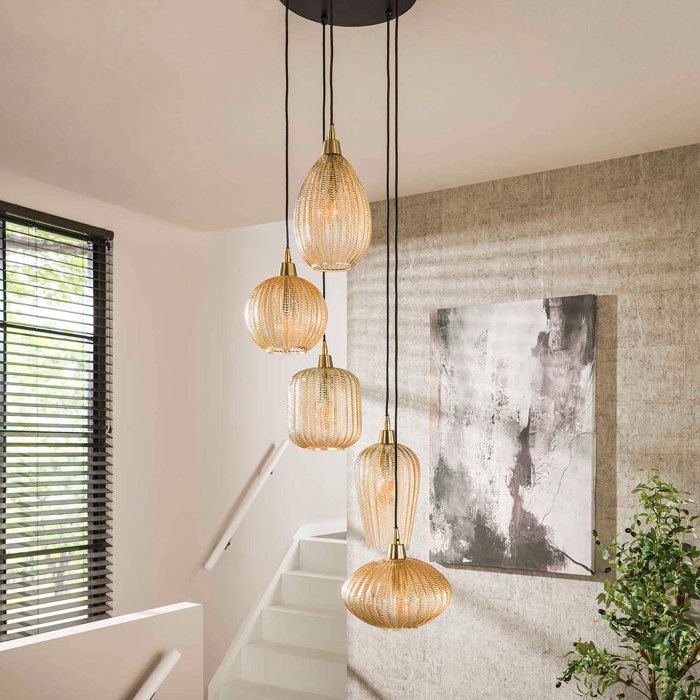 Suspension 5 lampes 40x40x180 cm en verre ambré et métal