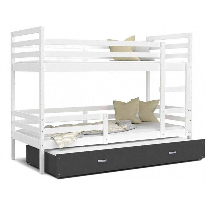 Lit Superposé 3 Places Milo 90x190 gigogne + matelas Blanc - gris