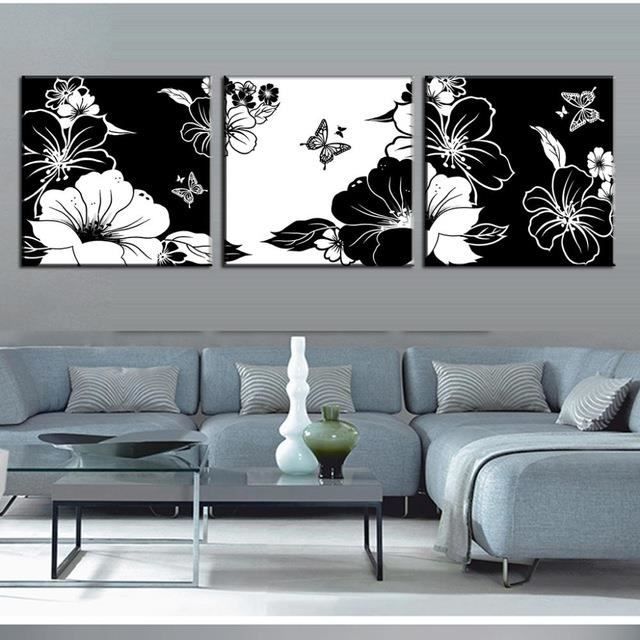 3 Pcs Set Fleur Noire Et Blanche Avec Papillon Art Toile
