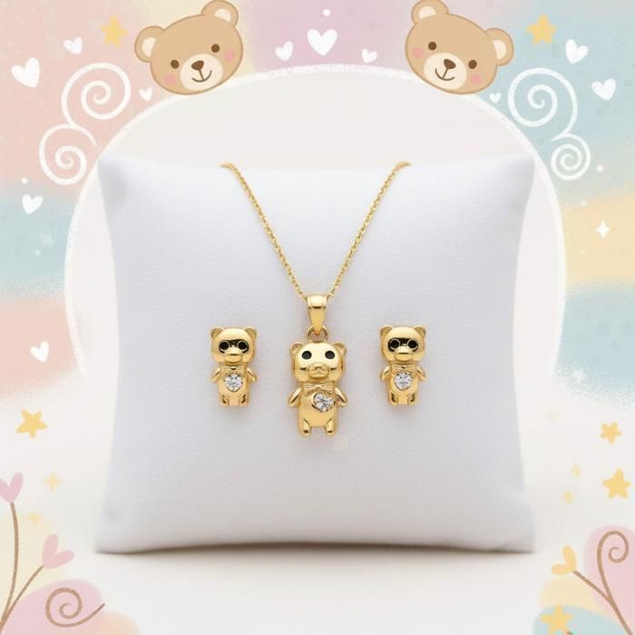 Parure Bijoux - Ourson - Zircons - Cœur - Plaqué Or Jaune 750/1000 - 3 Microns - Bijou de Créateur - Enfant