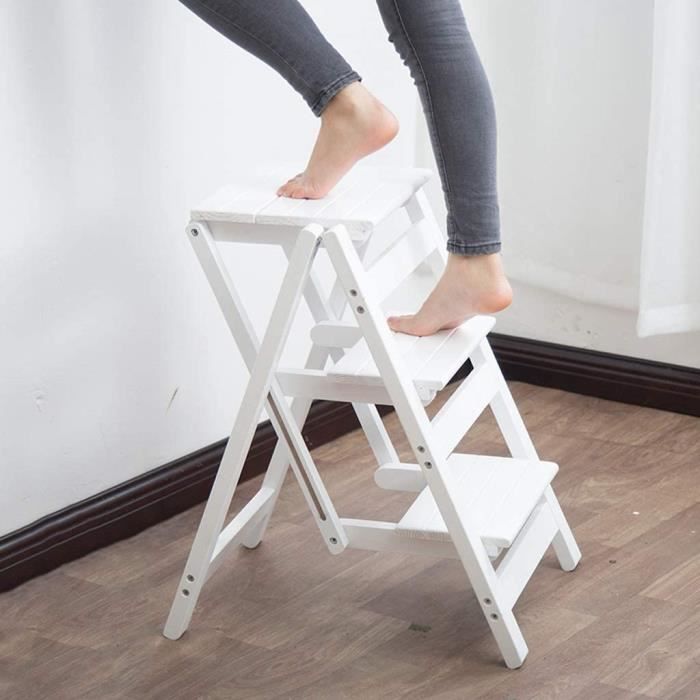 Blanc Escabeau à 3 Marches Bois, Marche-pieds Pliable, Marchepied