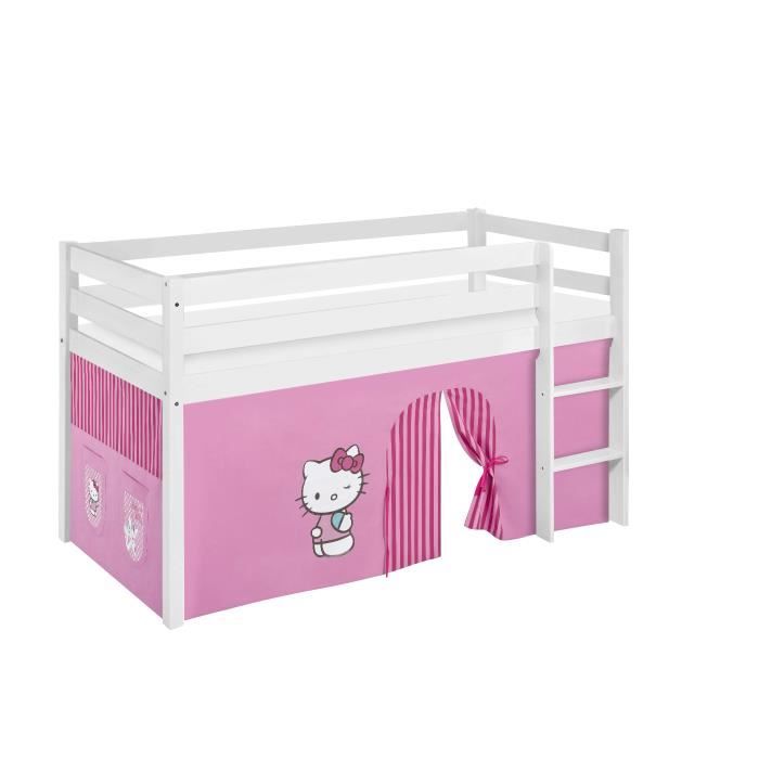 Lit surélevé ludique JELLE 90 x 190 cm Hello Kitty rose - avec rideaux - LILOKIDS - blanc laqué Lit surélevé ludique JELLE 90 x 190 cm Hello Kitty rose - avec rideaux - LILOKIDS - blanc laqué