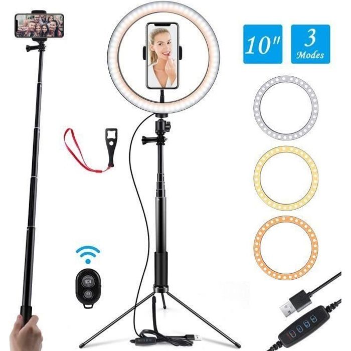 Ring Light 10  "Selfie Light Anneau avec support réglable (14.56 '' à 65 '') Télécommande 120 ampoules Ringlight pour la vidéo