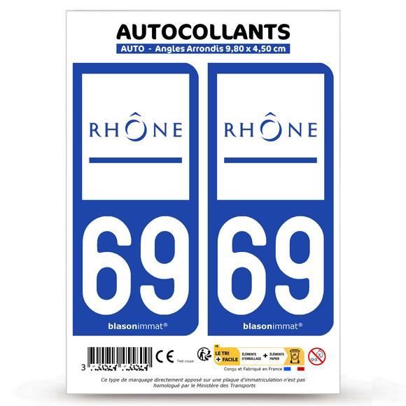 Adesivi Per Targa Regione Auvergne-Rhône-Alpes (69) | Set Da 2 Rettangolari 9,7x4,6 Cm | Prodotto In Francia, Vinile Resistente