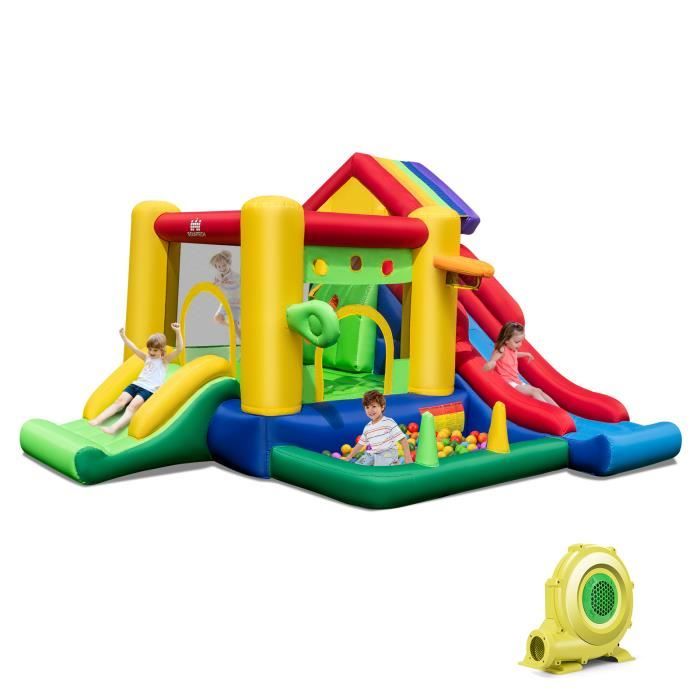 Château Gonflable 9 En 1 – 2 Toboggans, Piscine, 3 Canons à Eau – Souffleur 680W – 3 Enfants 3-5 Ans