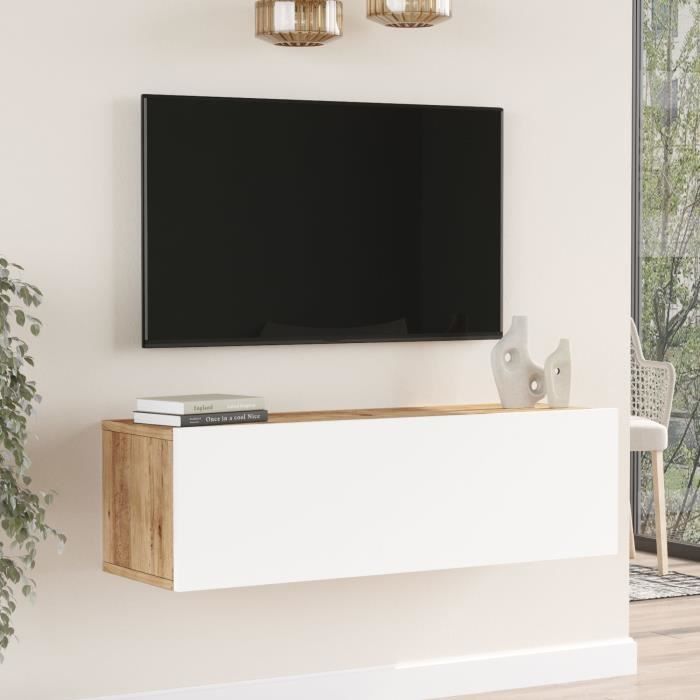 Meuble TV Lapinlahti à porte 295 x 100 x 315 cm effet bois de pin - blanc [en.casa]