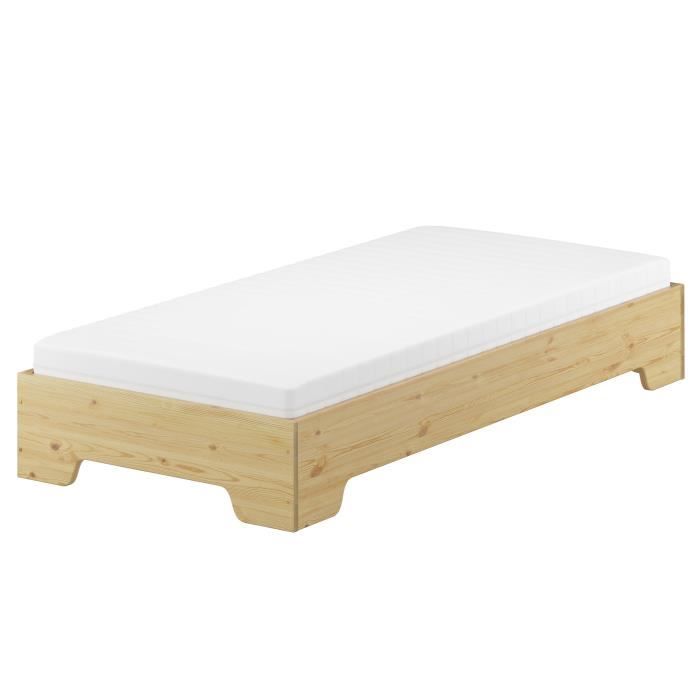Lit simple pin massif naturel 80x190 forme compacte avec literie 60.56-08-190M