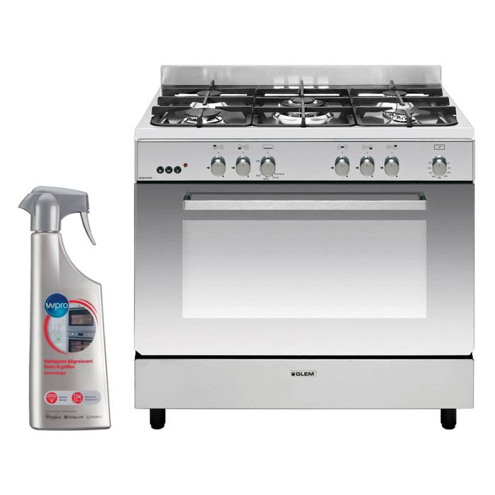 GLEM Cuisinière Piano de cuisson 5 foyers brûleurs gaz inox 90x60cm Four Catalyse Gazinière 104L - Glem