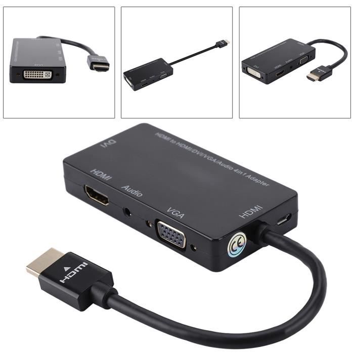 Adaptateur Multiport HDMI Vers HDMI/DVI/VGA + Audio - 4-en-1 - Support 4K, Pour PC, TV, Projecteur, Consoles