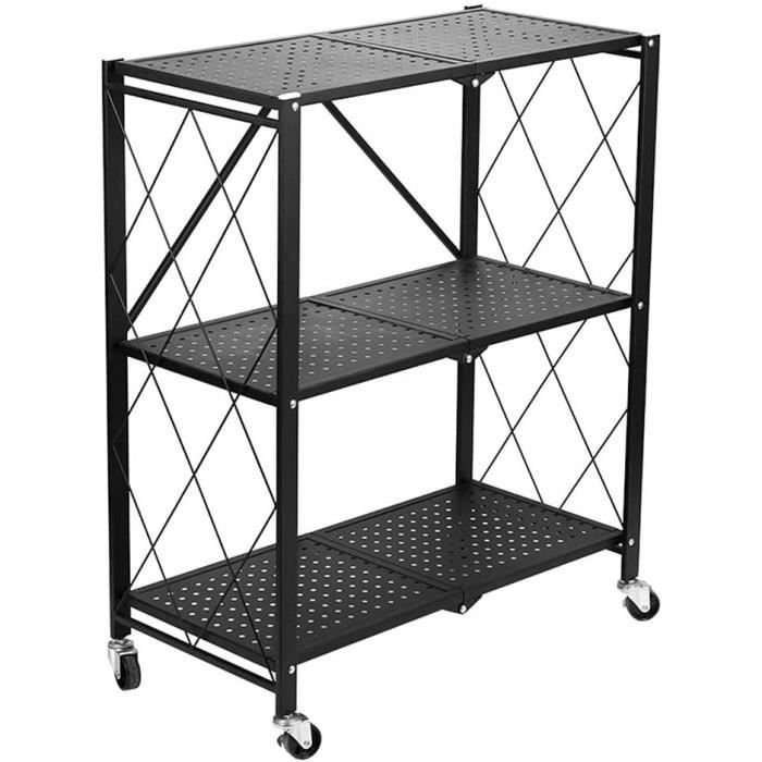 Meuble de rangement - CDF - Desserte pliable - 3 étagères - Métal noir - Roulettes verrouillables