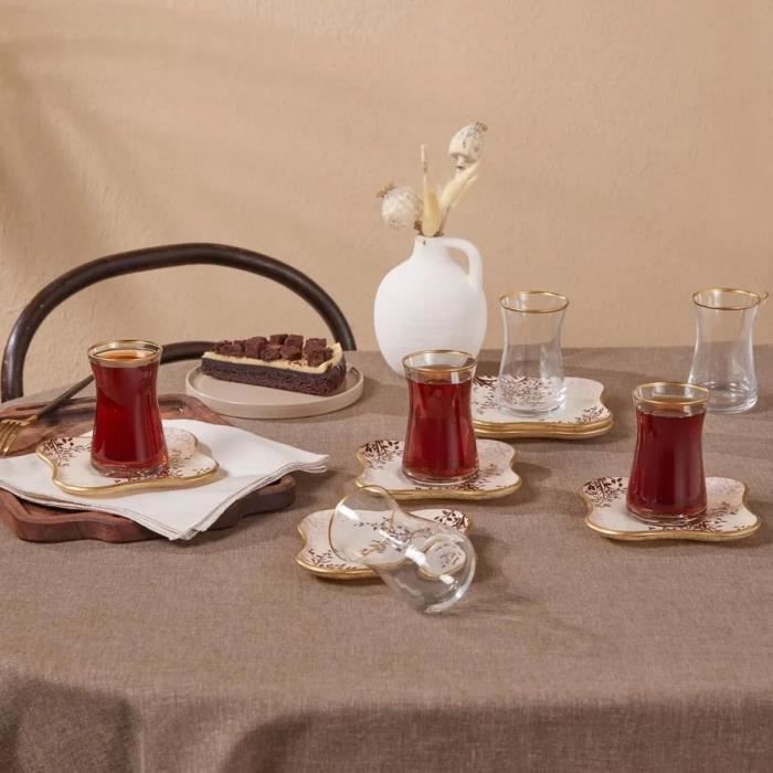 Service à Thé Karaca Zeher Bleu 12 Pièces - 6 Tasses Verre 160ml + Soucoupes Grès