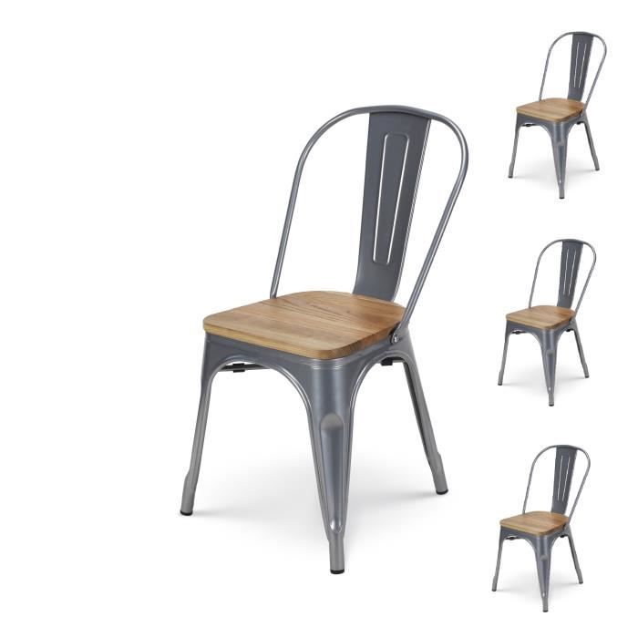 lot de 4 chaises de cuisine kosmi en métal gris silver et bois clair - style industriel
