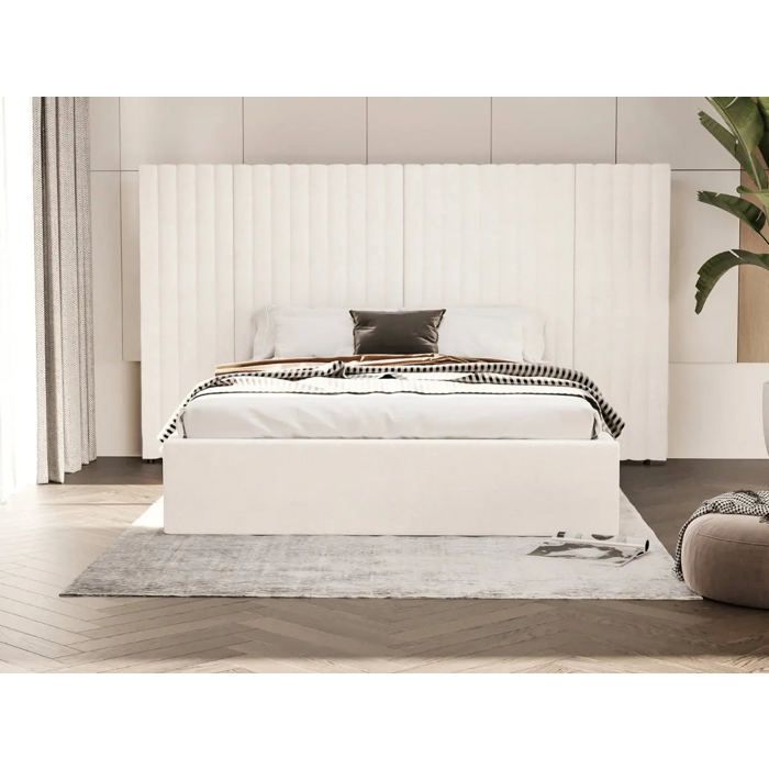 Lit coffre Emilie 160 x 200 cm - Tissu bouclette crème - Sommier inclus - Sans matelas