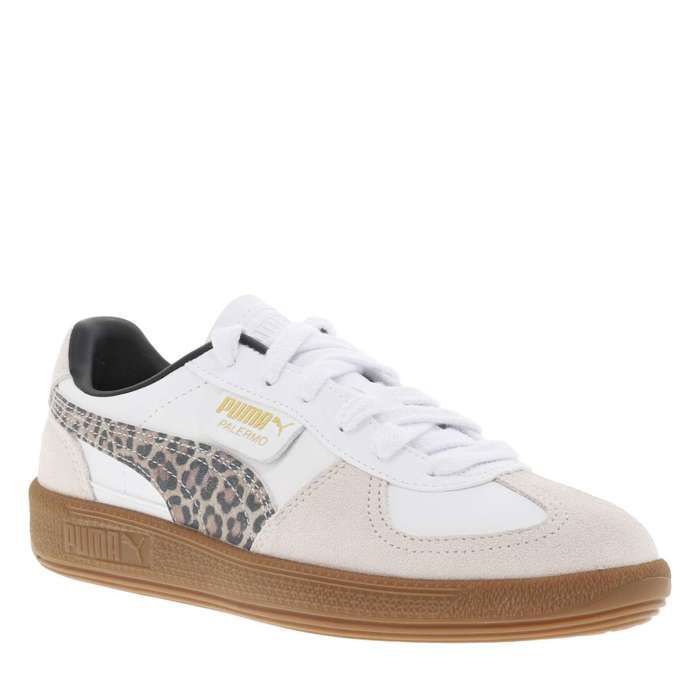 Puma Tennis en cuir léopard plates et à lacets plats avec étiquette de la marque