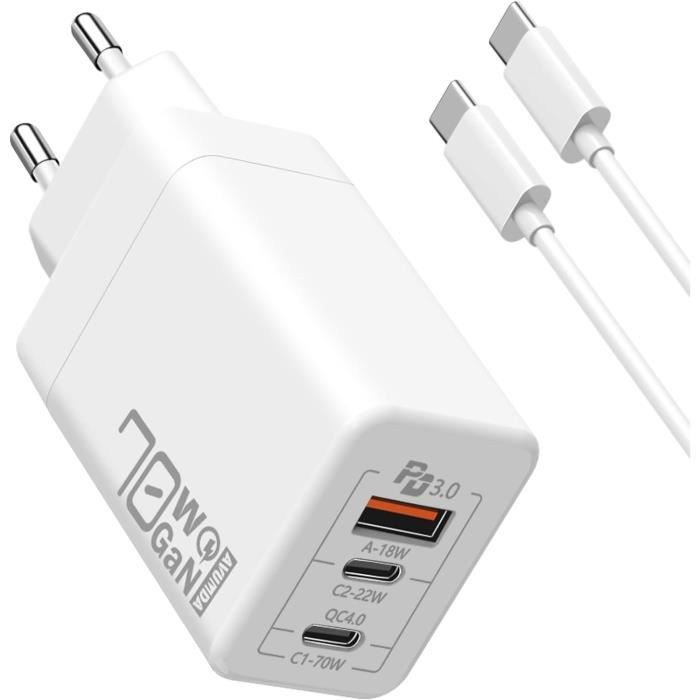 Chargeur GaN 67W 3 Ports USB-C/USB-A - Rapide PD 3.0 PPS, Pour MacBook, IPhone, Samsung, Câble Inclus - 2