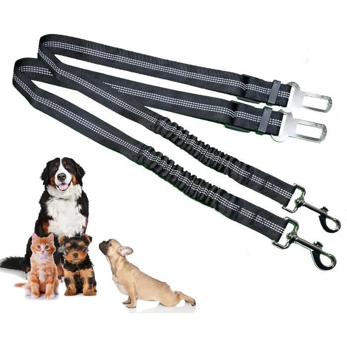 Ceinture Sécurité Chien Voiture 3 En 1 - Double Mousqueton & Absorption Chocs - Réglable 66-84 Cm - 2 Pièces