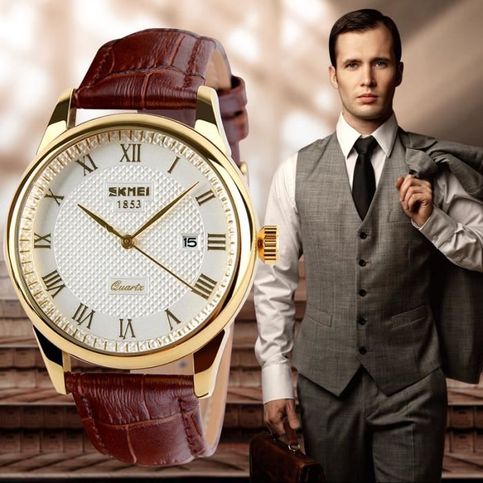 SHARPHY Montre Homme de marque quartz watch cuir étanche Blanc Doré Montres à la Mode