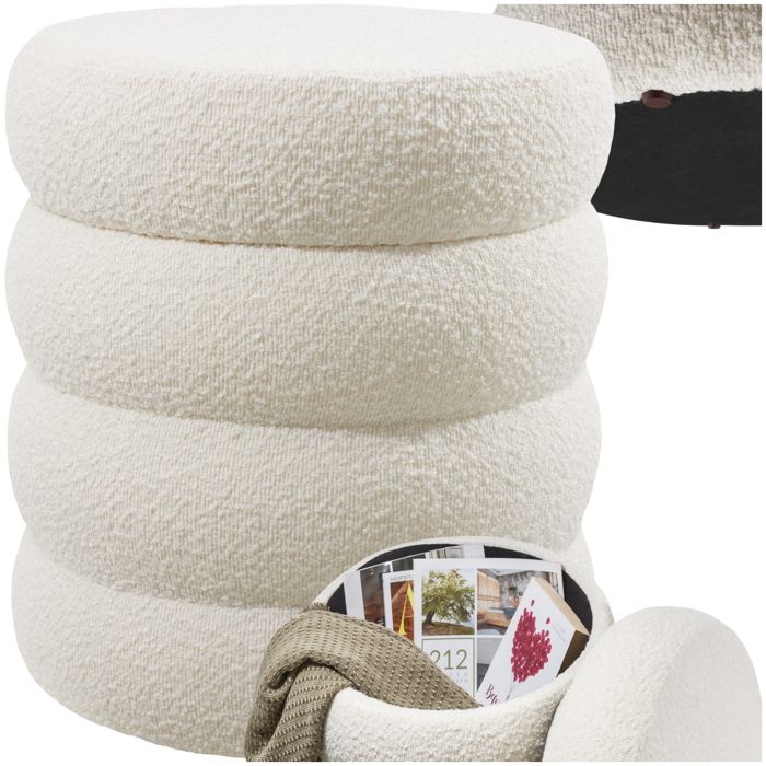 Tabouret - TECTAKE - Tabouret avec espace de rangement ALTU en bois MDF rond à laspect bouclé Ø 42 x 47 cm - Crème/Blanc