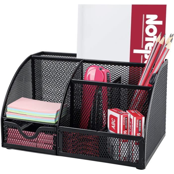 Organisateur Bureau En Maille Métallique - 6 Compartiments + Tiroir - Range-Crayons Design