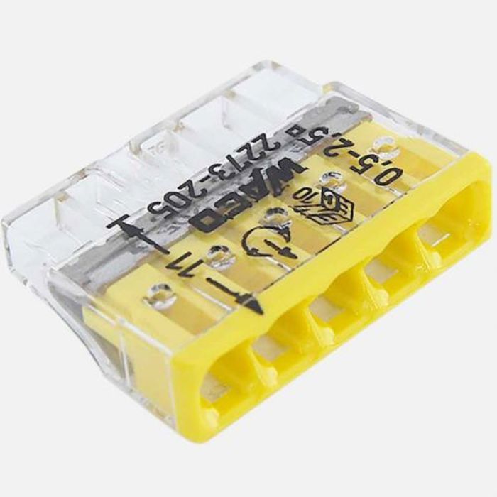 Bornes 5 entrées (0.5-2.5mm) Jaune boite de 100 pièces - WAGO - 2273-205