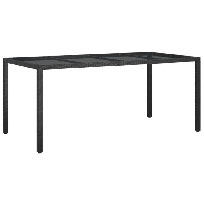 table de jardin noir 190x90x75 cm verre trempé/résine tressée hao-0d060b01316713