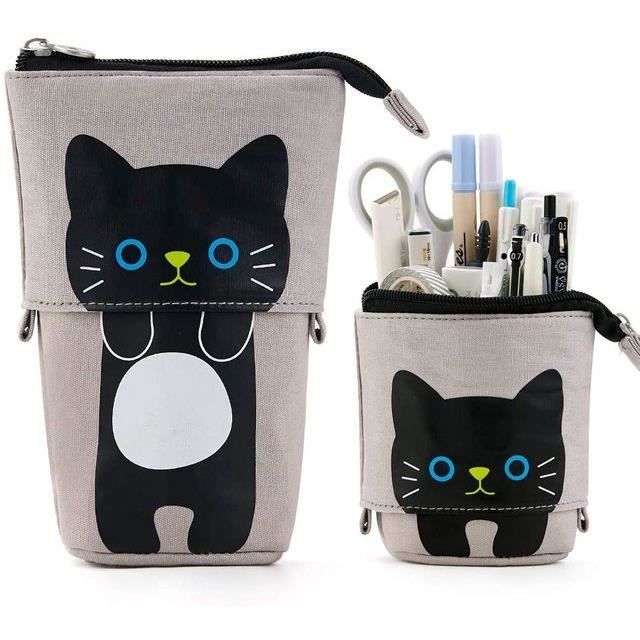 Trousse à Crayons Debout Rétractable Hillylolly Chat - Étui Toile Extensible Pour Papeterie