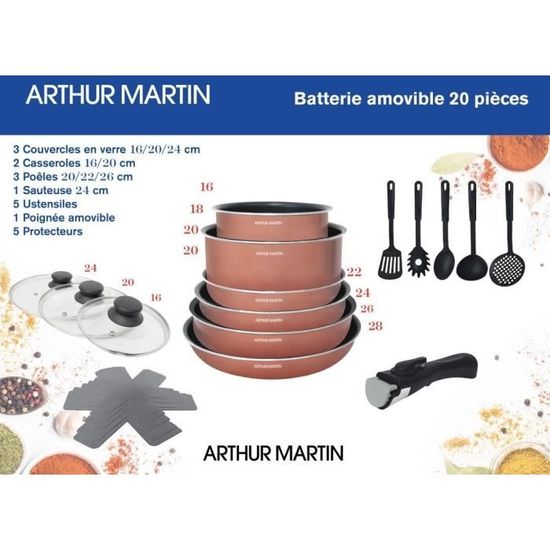 Batterie de cuisine - Tous feux dont induction - Arthur Martin - AM0530 -  Aluminium - Anti-adhésif - 20 pièces - Poignée amovible - Cdiscount Maison