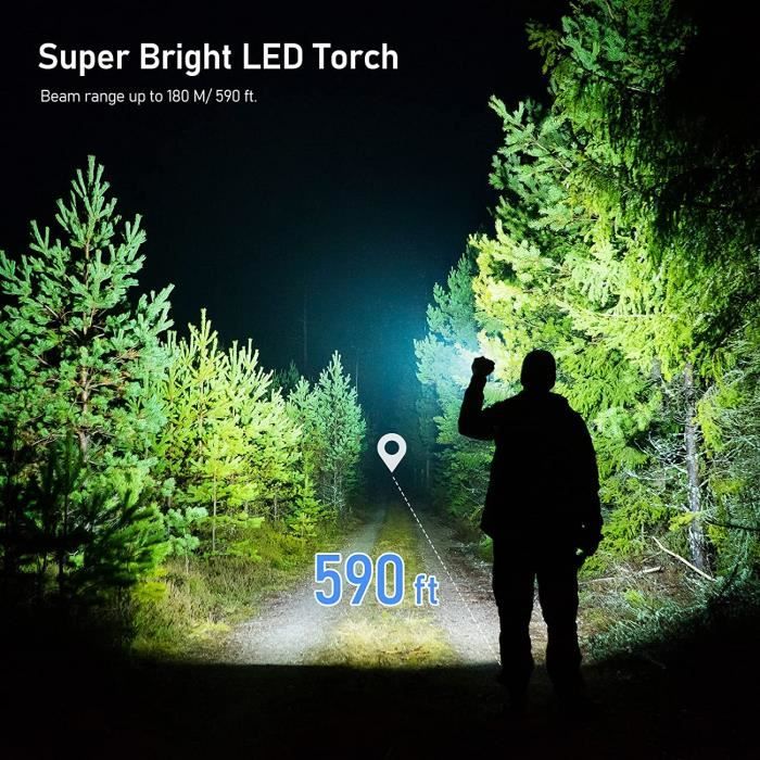 Blukar Lampe Torche LED Rechargeable, Lampe de Poche LED Ultra Puissante,  IPX6 Étanche, 5 Modes d'éclairage & Zoomable, Longue Durée pour