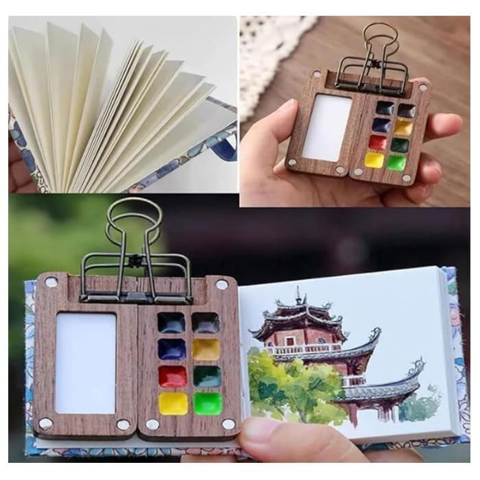 5 Pcs Mini Kit Aquarelle Voyage, Palette Aquarelle Miniature Peinture Avec Palette En Bois Portable 8 Grids, 12 Couleurs Aquarelles Avec Carnet De Croquis Pinceau Et Clip En Métal Pour Débutants
