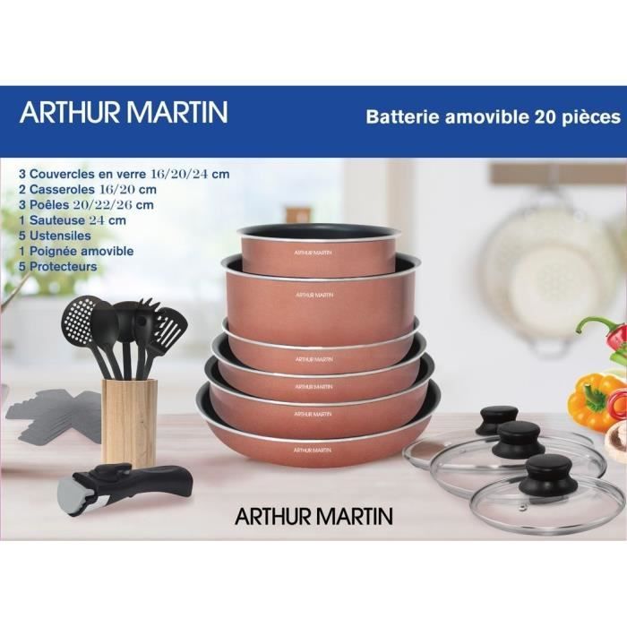 Batterie de cuisine 20 pièces Arthur Martin - aluminium - poignée amovible  - tous feux dont induction - Cdiscount Maison