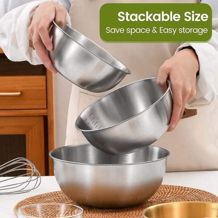 Set De 5 Saladiers Inox Avec Couvercles Et 3 Râpes - Tailles 1,2L à 3,6L, Empilables, Lavables Lave-vaisselle - Idéal Cuisine, Préparation, Rangement - 9