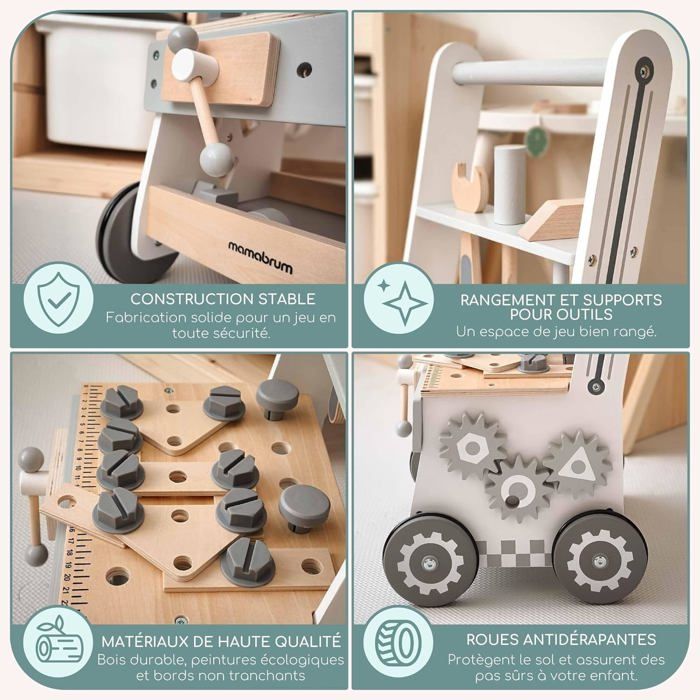 Chariot à Jouets 3en1 Mamabrum - Poussoir, Atelier Bricolage, Trotteur Avec 47 Accessoires